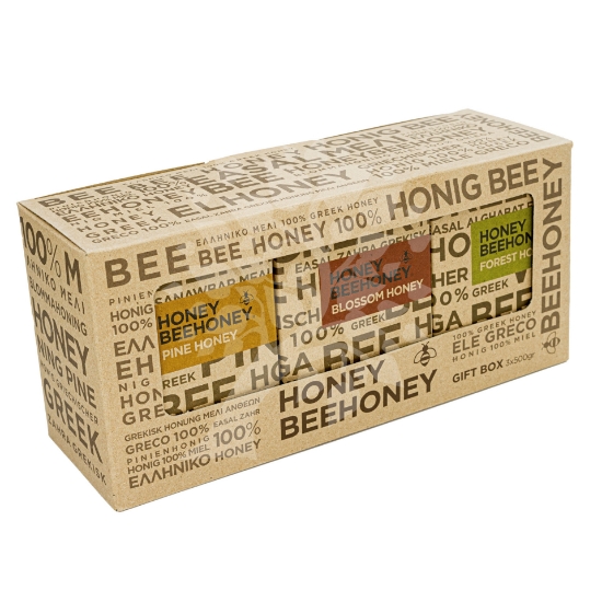 Elegant packaging of the Greek Honey Gift Set featuring Pine, Forest, and Blossom honey