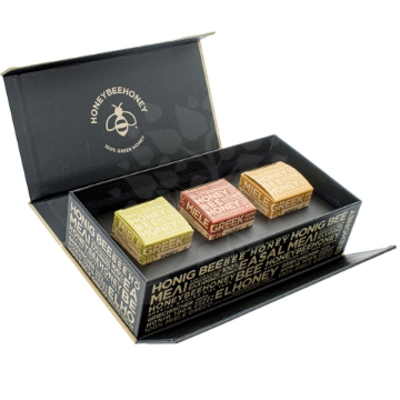 Exquisite Presentation of Greek Honey Gift Box - Perfect for Gifting Full presentation of the Greek Honey Gift Box with all six honey jars.