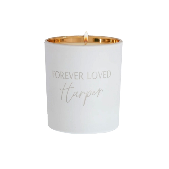 Forever Loved Custom Engraved Candle in a stylish glass container featuring the luxurious Rose Eternelle scent for a timeless keepsake.