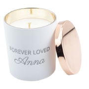 Forever Loved Custom Engraved Candle in a stylish glass container featuring the luxurious Rose Eternelle scent for a timeless keepsake.