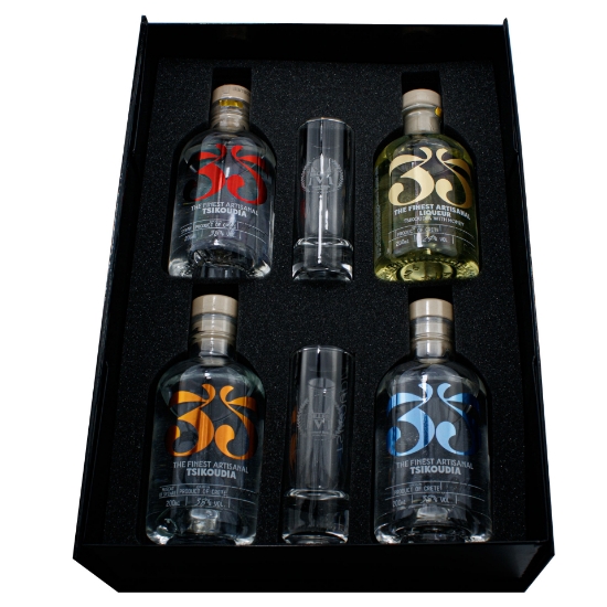 Picture of Premium Cretan Tsikoudia Gift Set - 4x200ml, 35N, Engraved Glasses