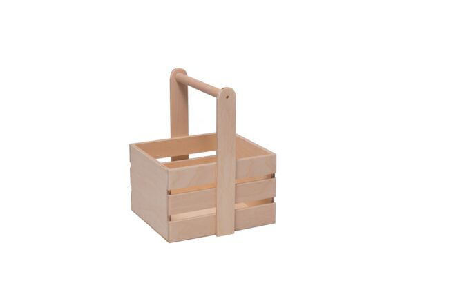 Wooden basket with round handle in natural color. (22x19x15cm)